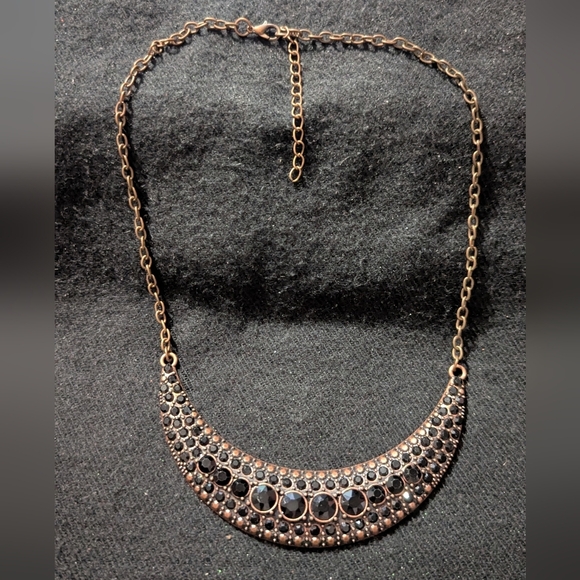 None Jewelry - Copper Tone Black Rhinestone Curved Bar Bib Style Statement Necklace